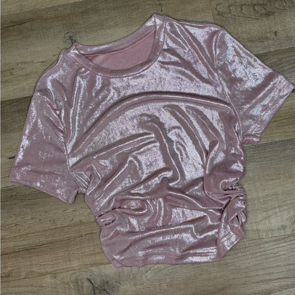 Shimmering Baby Pink Women's Short Sleeve Crop Top Ruched Sides